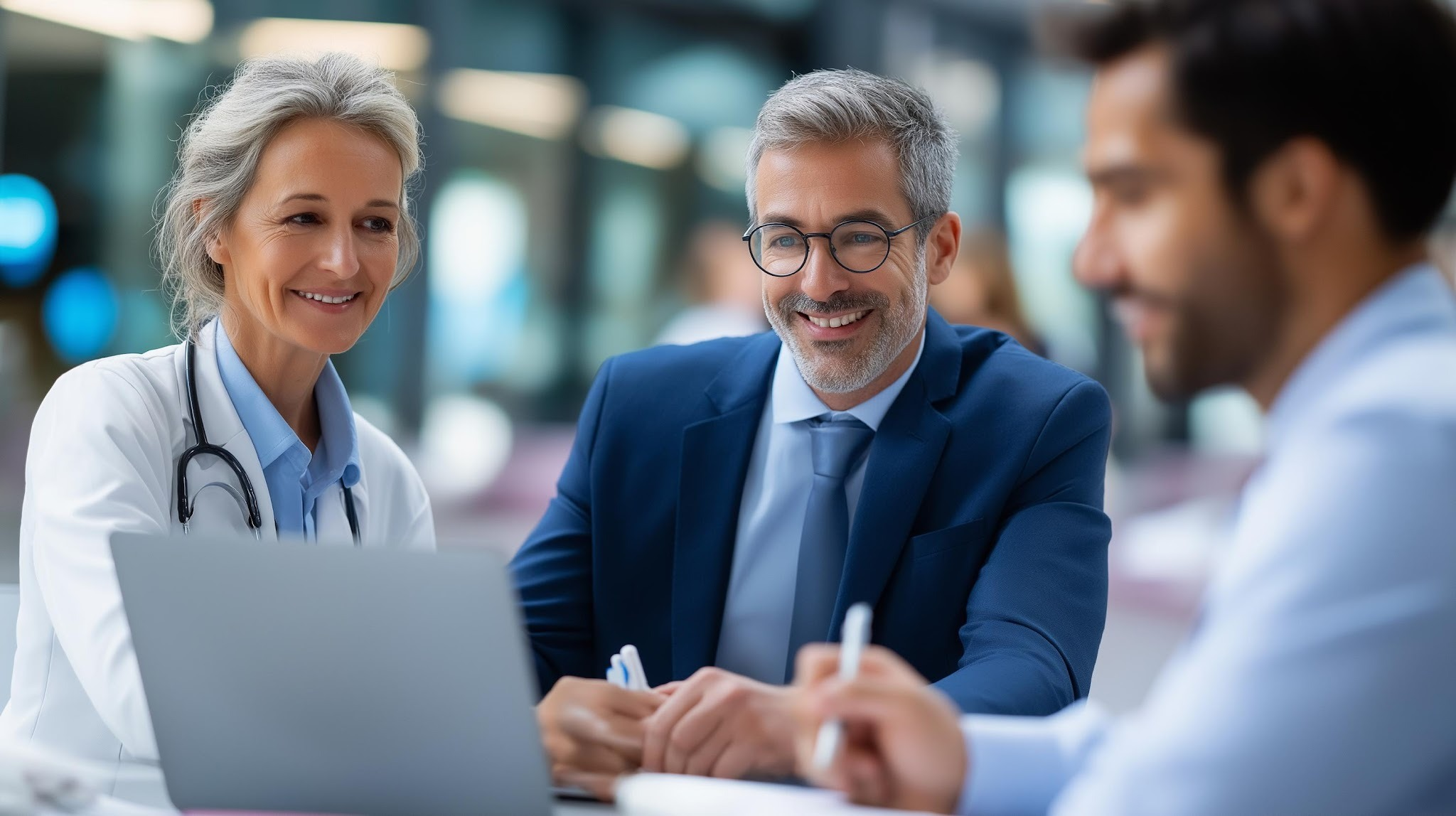 Doctor and business professionals collaborating at a table with a laptop